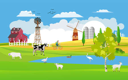 Countryside farmland, mill on hill and ponds with domestic birds, red farmer's houses on green hills,trees lambs, vector illustrationのイラスト素材