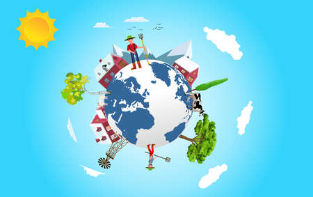 Farmer and farm houses, trees stand around 3d globe, isometric view, blue sky bacground vectorのイラスト素材