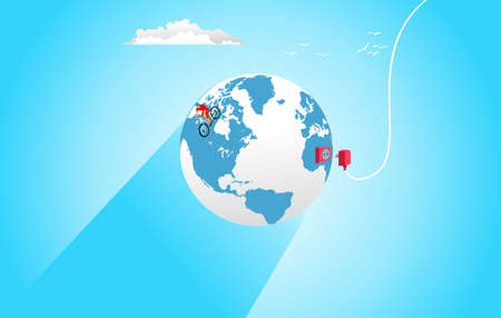 Cyclist on the globe, isometric view, green energy theme, blue sky background vectorのイラスト素材