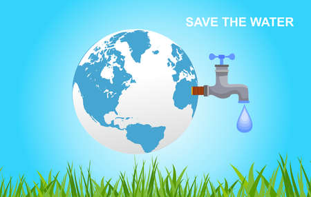 Water save and clean water problems 3d globe, isometric view, green energy theme, blue sky bacground vectorのイラスト素材