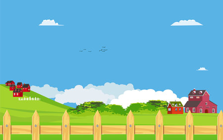 Farmer houses on the green hills, countryside natural landscape, trees and plants grows, vectorのイラスト素材