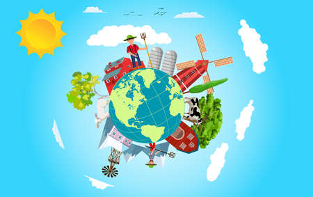 Farmer and farm houses, trees stand around 3d globe, isometric view, blue sky bacground vectorのイラスト素材