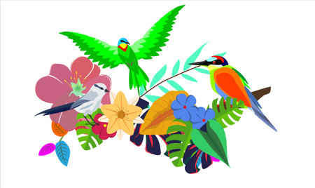 bee-eater, waxwingbirds and forest plants vector nature wild composition on white vectorのイラスト素材