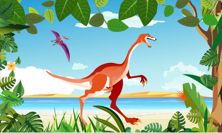 Dinosaurs and prehistoric world green plants colorfull vector templateのイラスト素材
