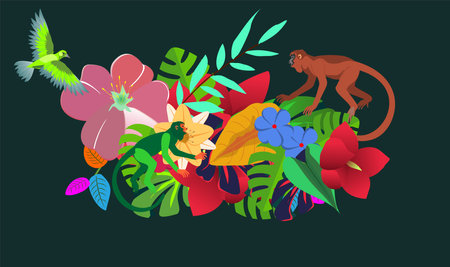 Jungle monkeys animals and plants template composition, and birds, vector illustrationのイラスト素材