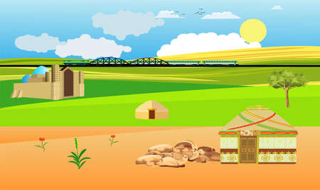 Colorfull landscape Vector template of Turkestan city advertising illustrationのイラスト素材