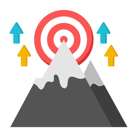 A flat design icon showing a mountain peak with a target and upward pointing arrowsのイラスト素材