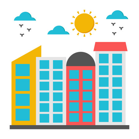 Modern flat design illustration of city buildings with sun and cloudsのイラスト素材