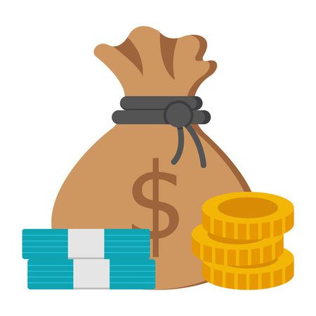 Flat design icon showing money bag with dollar sign, stacked coins and cashのイラスト素材