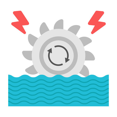 A flat icon design showing a hydroelectric power generator with water waves and lightning boltsのイラスト素材