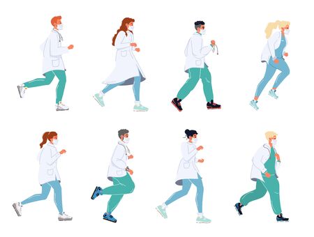 Doctor running in masks uniform stethoscope set. Clinic healthcare, urgency medicine, emergency help characters. Ambulance first aid prevent lethal outcome. Disease epidemic. Coronavirus outbreakのイラスト素材