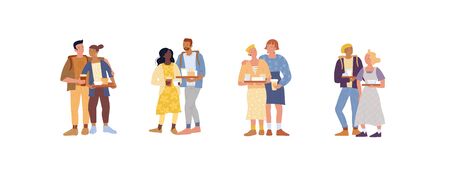 Friends, lovers, lesbians, romantic couples standing together, keeping food trays. Young family, millenials, coffee break, fast food restaurant, cafe. Vector flat illustration isolated on white.のイラスト素材