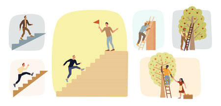 Big set of men climbing up stairs. Farmers using ladders to gathering fruit harvest. Achieving ambitions, desire for power, career growth. Vector flat business, agriculture illustrations collection.のイラスト素材