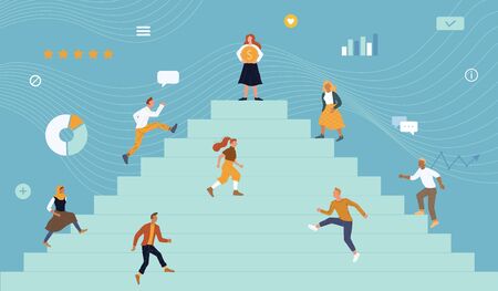 Men, women of different ages, nations striving for goal, money prize at top of stairs. Contest for influence, best rating, business competition, rivalry, careerism, one-upper vector flat illustrationのイラスト素材