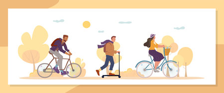 People eco transportation in autumn. Active healthy lifestyle. Man woman different age moving by...