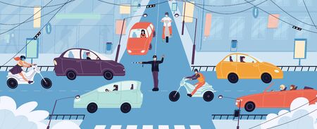 People transport driver wearing respiratory medical masks. Busy city life. Traffic cop regulating vehicle movement on crossroads. Air pollution, contamination, flu epidemic, coronavirus protectionのイラスト素材