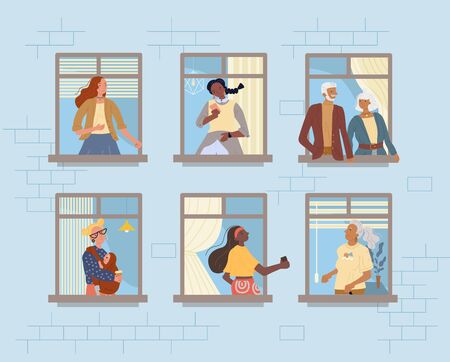 Neighbors in window. Neighborhood relationship communication. Senior couple, mature woman, teenager girl, mother holding newborn baby. Young, adult, mature people stay home during coronavirusのイラスト素材