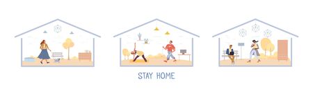 People working training having rest stay at home set. Gym, sport, fitness during isolation. Coronavirus protection prevention. Awareness social media campaign. Man woman under house roof. Eco designのイラスト素材