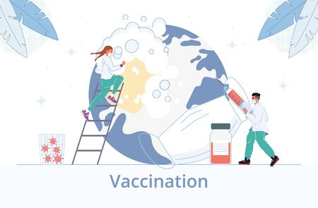 Doctor team in protective respiratory mask provide disinfection procedure vaccination process from viral infection. Woman nurse cleaning earth planet. Man medic hold syringe. Coronavirus pandemicのイラスト素材