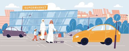 Happy arab family going to grocery store. Daily routine, everyday activity, food shopping. Father, mother, son in traditional dress hold purchases outdoor. Car at parking. City supermarket buildingのイラスト素材