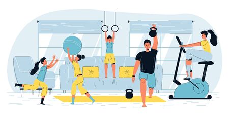Happy active family sport workout activities. Fitness together at home. Father mother children doing morning exercise. Training recreation. Physical healthcare education. Healthy lifestyle indoorのイラスト素材