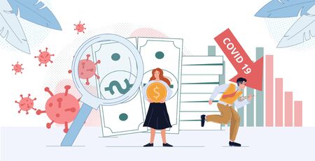 Economy financial depression coronavirus world crisis. Woman hold money coin. Man run carrying press newspaper in hand. Banknote dollar cash, virus molecule under magnifying glass. Chart arrow crashのイラスト素材