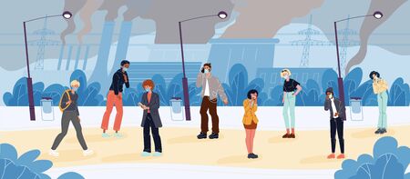 Coughing feeling bad people wearing respiratory medical masks walking outdoor on city street. Dust toxic smog air pollution protection. Dirty smoke factory plant pipe. Polluted emission, coronavirusのイラスト素材