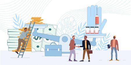 Financial crisis. Economy depression. Business meeting, deal agreement, partnership achievement. Money vaccine balancing on weight scales. Businesspeople fair transaction. Investment in scienceのイラスト素材