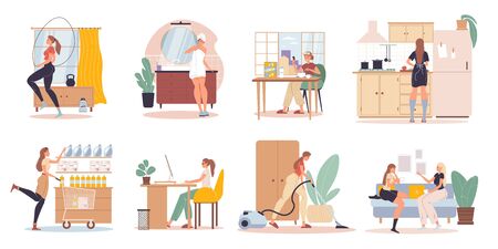 Woman character work recreation daily life routine scenes set. Everyday work activities. Morning workout, hygiene procedure, breakfast, dish washing, apartment cleaning, shopping, friends meetingのイラスト素材