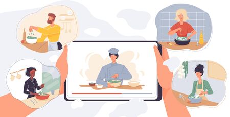 Online cooking courses, culinary master class service. Internet school mobile application. Digital communication. Woman man watch video on tablet display. Chef teacher preparing food at kitchenのイラスト素材
