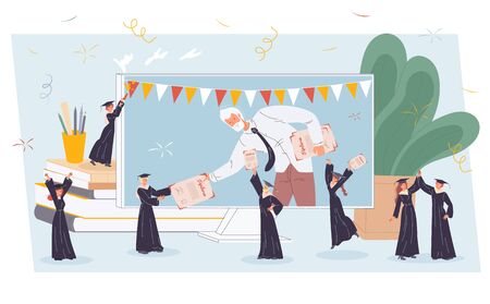 School, university, business education, graduation online service. Professor teacher on computer monitor giving diploma certificate to student in academy hat, gown. Workplace. E-learning platformのイラスト素材