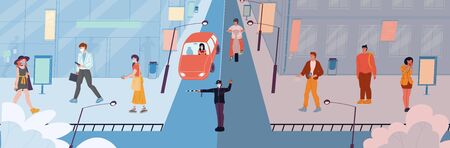 People walker transport driver in facial mask without protective wear on street. Policeman traffic controller. Situation on urban road before after covid19 pandemic. Social distancing. New life normのイラスト素材