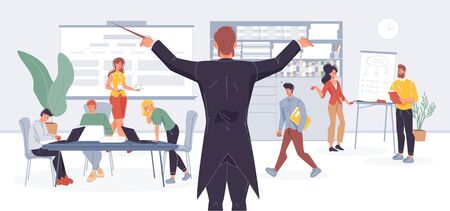 Businessman conductor managing office work by wood stick metaphor. Effective business time management, employee directing. Entrepreneurship, teamwork, coworking, healthy workflow condition maintenanceのイラスト素材