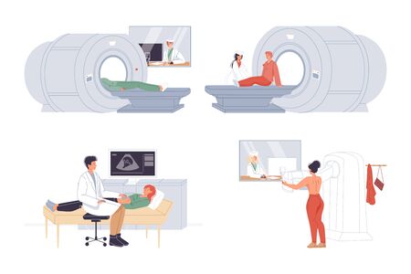 Man woman patient diagnostic on medical technology equipment set. MRI or CT tomography, obstetric ultrasonography, x-ray fluorography body research scanning examination. Medicine, healthcare servicesのイラスト素材