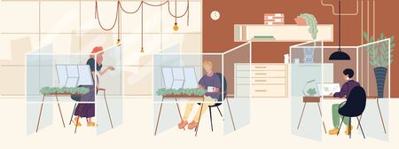 Office people safe social distancing at workplace. Man woman wearing protective facial mask working behind glass stay separately maintain distance. Covid-19 outbreak flu spreading preventionのイラスト素材