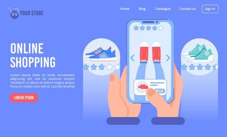 Online shop presentation landing page design. Internet shoe fashion boutique. Mobile application for e-order wireless purchase payment. Human hand holding smartphone. Person character buy trainersのイラスト素材