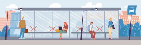 Diverse people wearing respiratory medical mask keep social distance stand at bus stop. Man woman maintain distancing to avoid spreading COVID-19 illness flu infection risk. Contactless normal lifeのイラスト素材