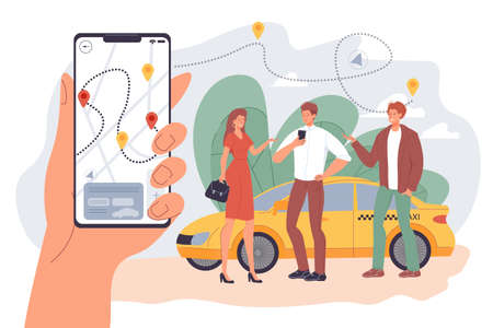 People rent taxi cab via smartphone use car sharing service mobile application. Man woman searching companion for economy location destination. Human hand holding phone. Common route on screenのイラスト素材