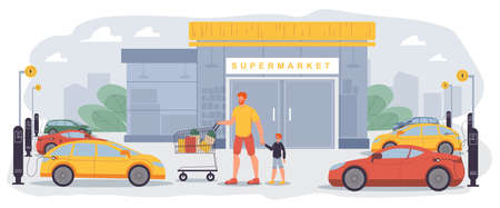 Charging point area for plug or unplug electric car at supermarket parking yard. Green energy battery supply station. Plug-in vehicle. Father son pushing shopping trolley cart filled grocery purchasesのイラスト素材