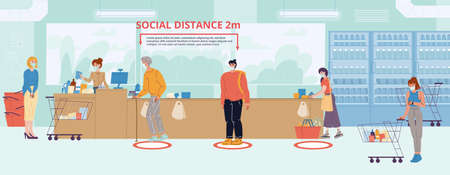 Social distancing at supermarket motivation poster. People buyers wearing protective facial mask keep distance up to 2 meter at shop cashier desk to safe health and prevent flu Covid-19 virus spreadのイラスト素材