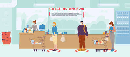 Keep social distancing two meter at supermarket awareness poster. People buyer wearing protective facial mask standing in line queue at safe distance to avoid flu virus infection. Coronavirus pandemicのイラスト素材