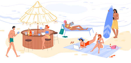 People tourist surfing internet, networking, watching video, working online, chatting via mobile gadget. Man woman rest on beach, at bar. Digital communication, wireless connection on vacationのイラスト素材