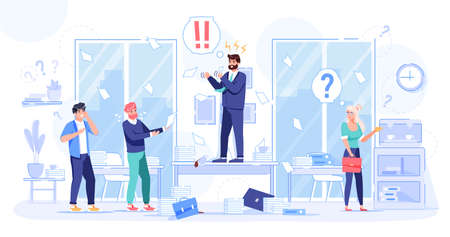 Angry boss chef shouting at subordinate in messy office. Irritated top manager supervisor yelling standing on table. Stressed tired confused employee workers submitting job project reportのイラスト素材
