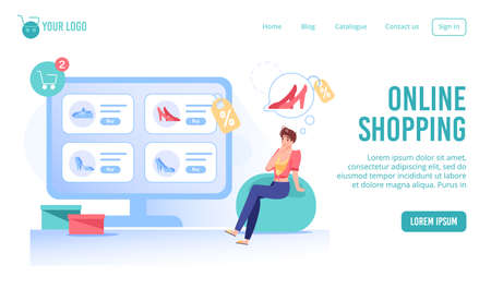 Online fashion smart shopping service landing page. Young woman shopper choosing making decision to buy high-heel shoes with sale discount special proposition on boutique shop. E-commerce technologyのイラスト素材