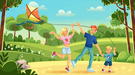 Young family son flying kite in city park. Mother, father, child playing active game enjoying outdoor activity. Parent kid spending leisure time on open air. Joint summer weekend or vacation pastimeのイラスト素材
