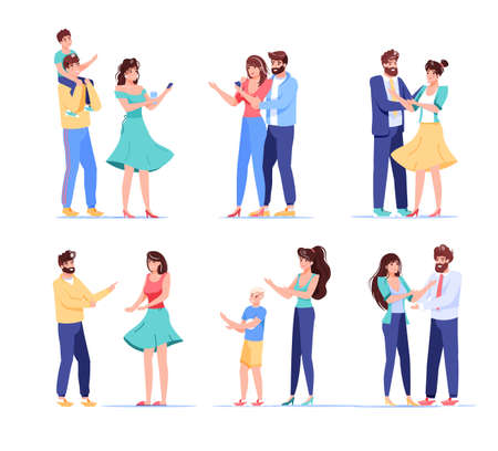 People digital device user character. Loving couple, married husband wife, parent children holding mobile phone for shopping, wireless communication, sharing news. Isolated set on whiteのイラスト素材