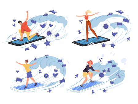 Creative people mobile internet surfing dive into social media web content. Man woman character using phone screen as surfboard trampoline. Network wireless technology, online research conceptのイラスト素材
