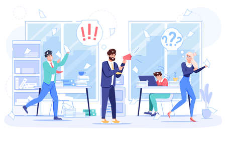 Angry boss shouting at employee team running in panic at workplace. Chaos in busy messy office. Businessman in stress. Failure deadline due to procrastination. Furious management workdayのイラスト素材
