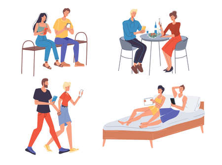 Loving couple surfing internet on mobile phone set. Girlfriend boyfriend using smartphone for networking online communication, watching video, viewing social media feed on dating, walking, in bedroomのイラスト素材