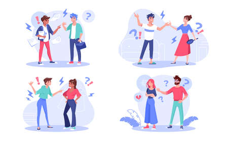 Evil angry aggressive people character arguing set. Boss chief yelling on subordinate employee, lovers or wife husband quarreling, girl friends shouting bundle. Aggression, negative expression conceptのイラスト素材